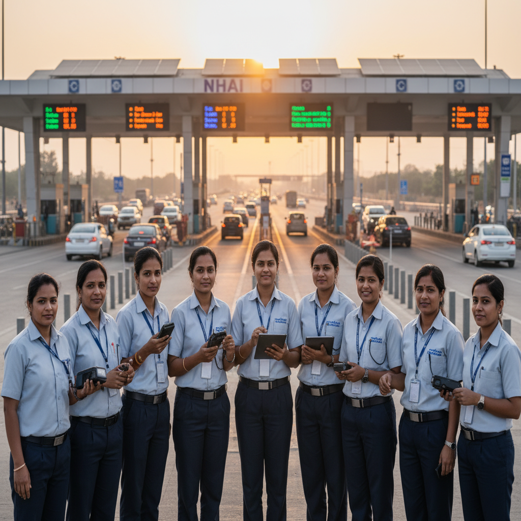 A group of confident women in uniform stand in front of a bustling toll plaza at sunset, holding digital devices.