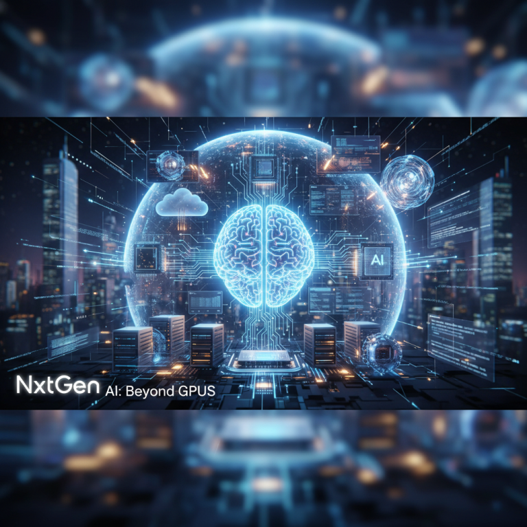 A futuristic cityscape with a glowing brain graphic, circuit board patterns, and various AI and cloud computing elements.