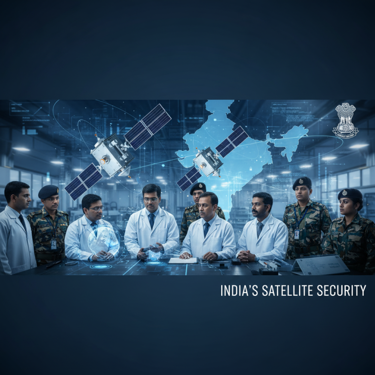 Indian scientists and defense personnel collaborate on satellite security with a digital India map and satellites in the background.