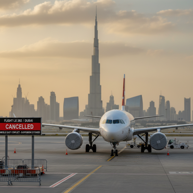 An airplane on a tarmac with the Dubai skyline and a "CANCELLED" sign in the foreground.