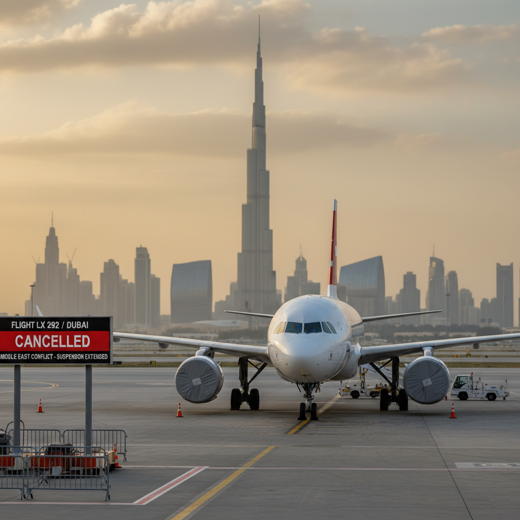 An airplane on a tarmac with the Dubai skyline and a "CANCELLED" sign in the foreground.