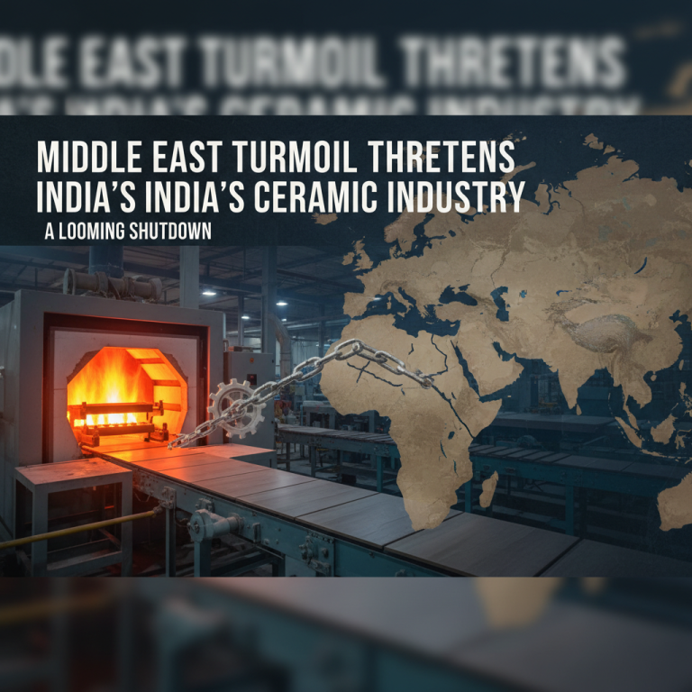 A professional 16:9 image showing a ceramic factory, industrial machinery, and a map of the Middle East and India.