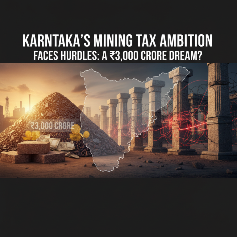 An image symbolizing Karnataka's mining tax ambition with a map outline, mining elements, and financial symbols.