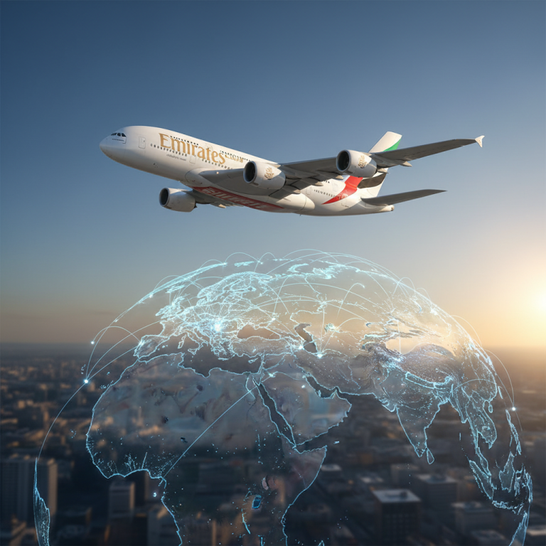 An Emirates plane flying above a digital globe with glowing network lines, symbolizing flight routes and global connectivity.