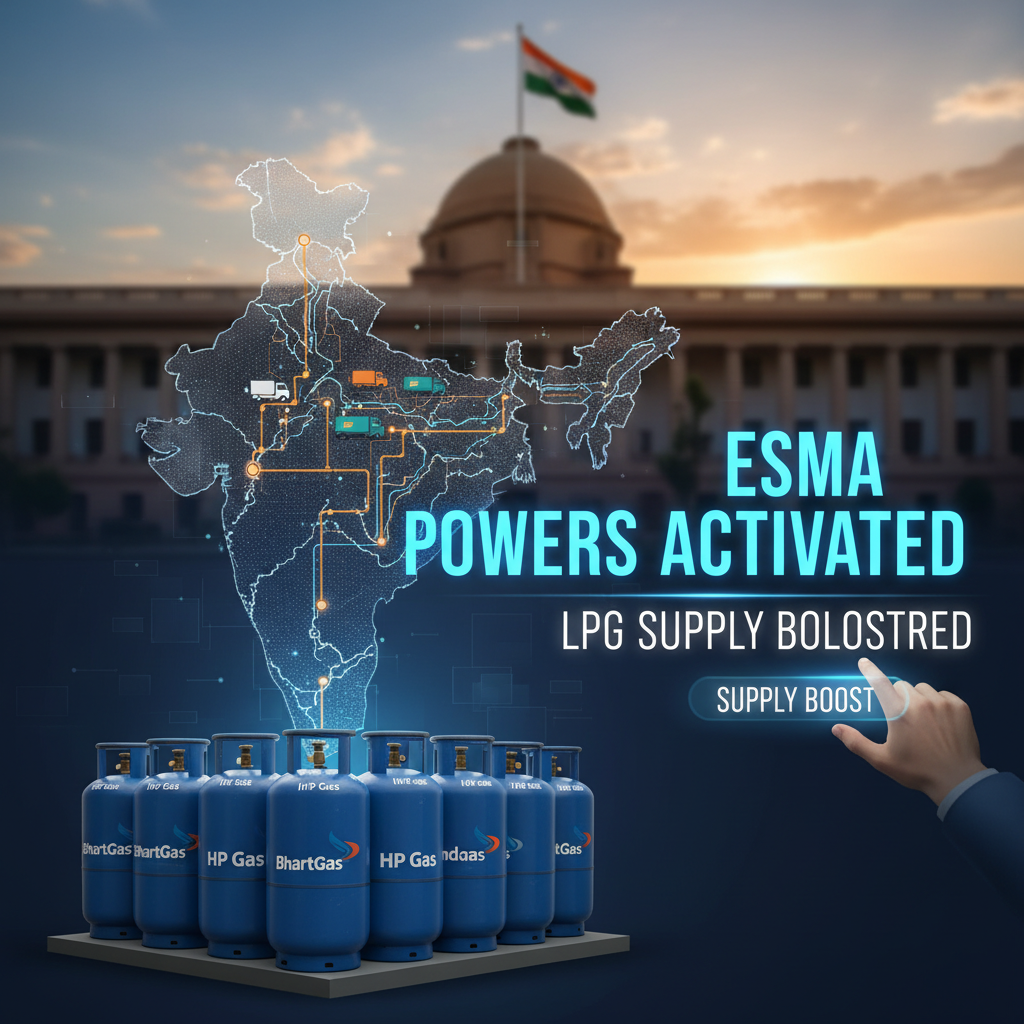 Digital map of India with LPG cylinders and a hand activating a 'Supply Boost' button, representing policy action.