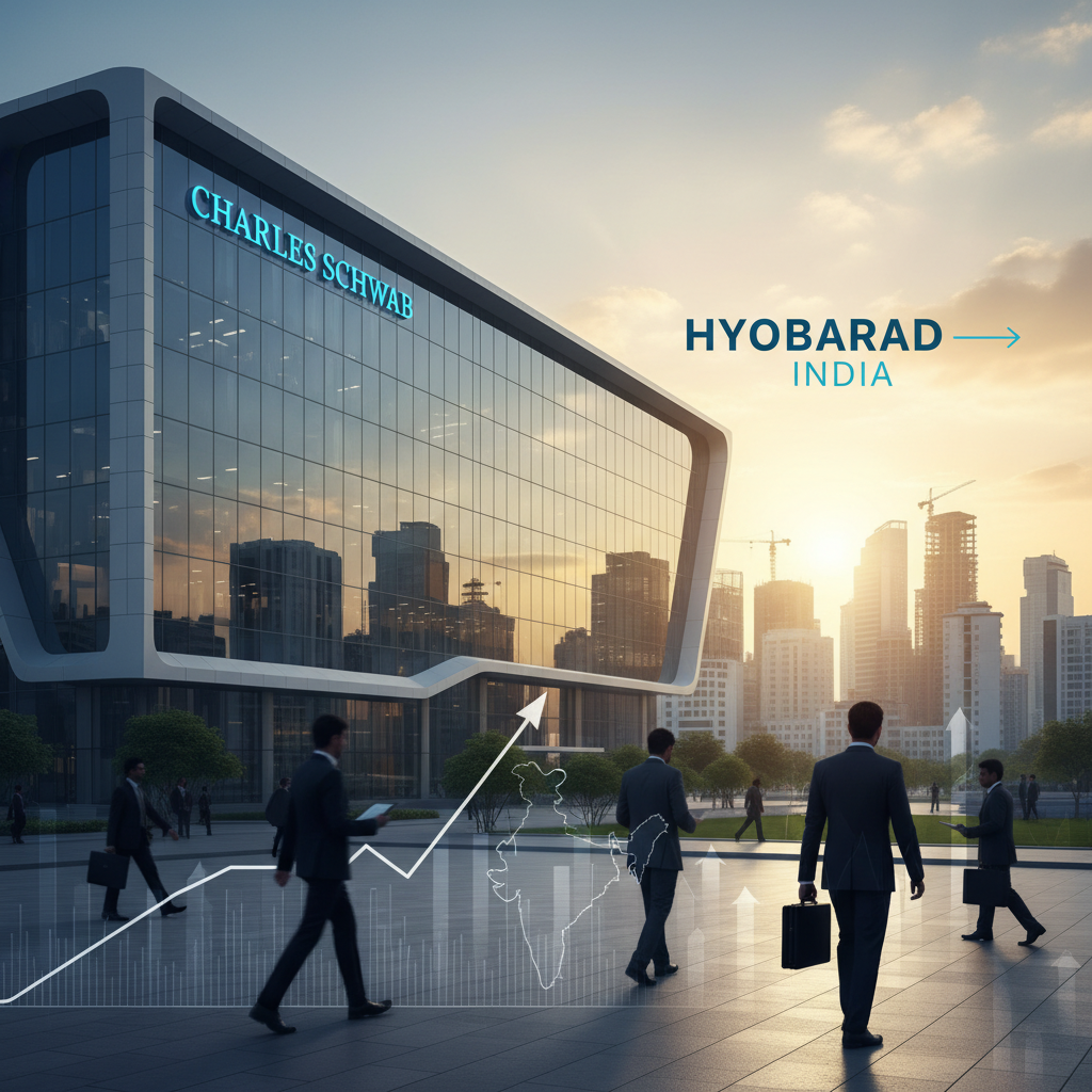 A modern Charles Schwab office building at sunset, with business people walking in front, and a graphic showing growth and India's map.