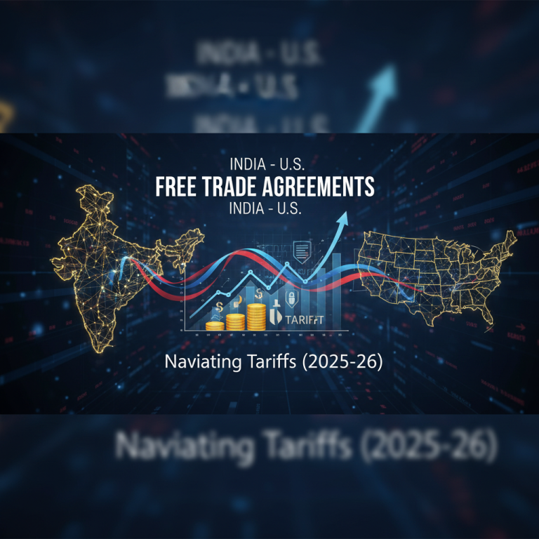 A digital map showing India and the US connected by economic data, symbolizing trade agreements and tariffs.