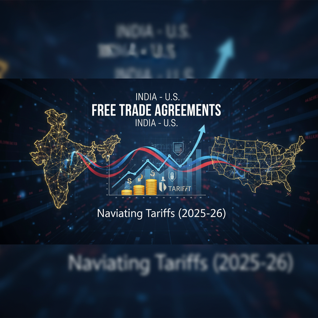 A digital map showing India and the US connected by economic data, symbolizing trade agreements and tariffs.