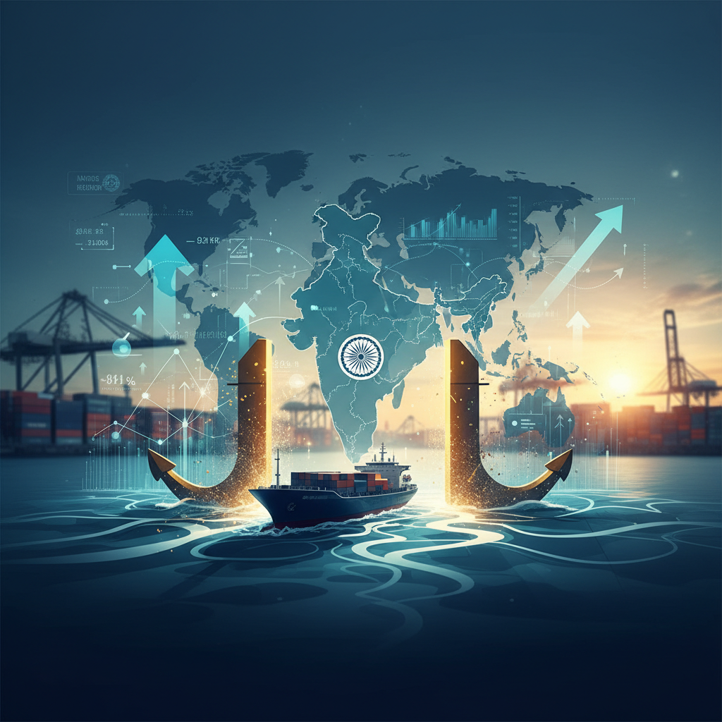 A container ship sailing between two golden anchors, with a world map overlay and upward arrows signifying growth.