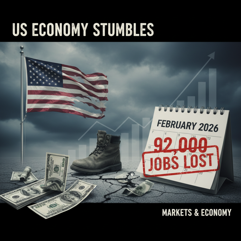 A torn American flag, a work boot, scattered dollar bills, and a calendar showing "92,000 JOBS LOST" in February 2026.