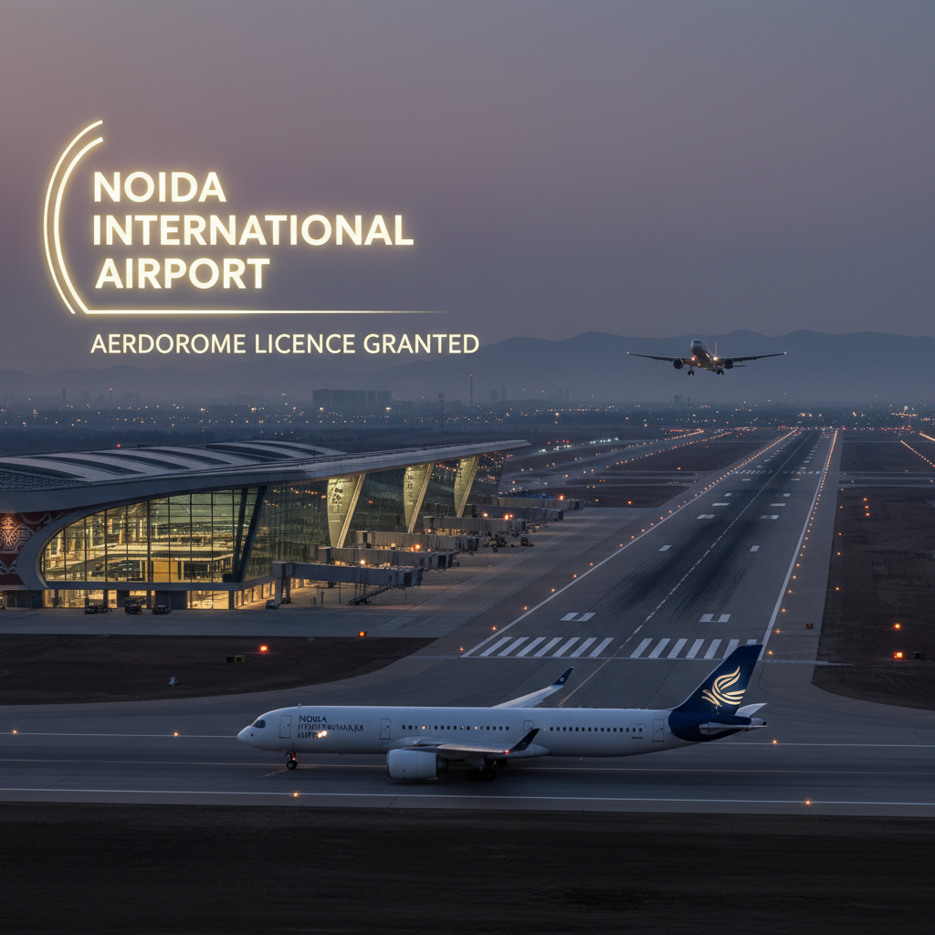 An airplane on the runway at dusk with the illuminated airport terminal in the background and another plane in the air.