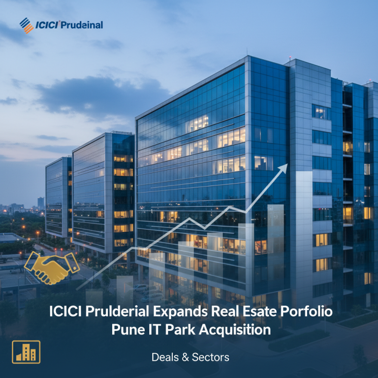 Modern glass office buildings in an IT park at dusk, with a superimposed upward trend graph and handshake icon.