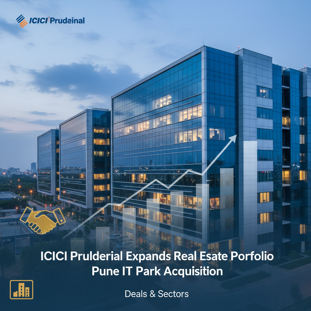 Modern glass office buildings in an IT park at dusk, with a superimposed upward trend graph and handshake icon.