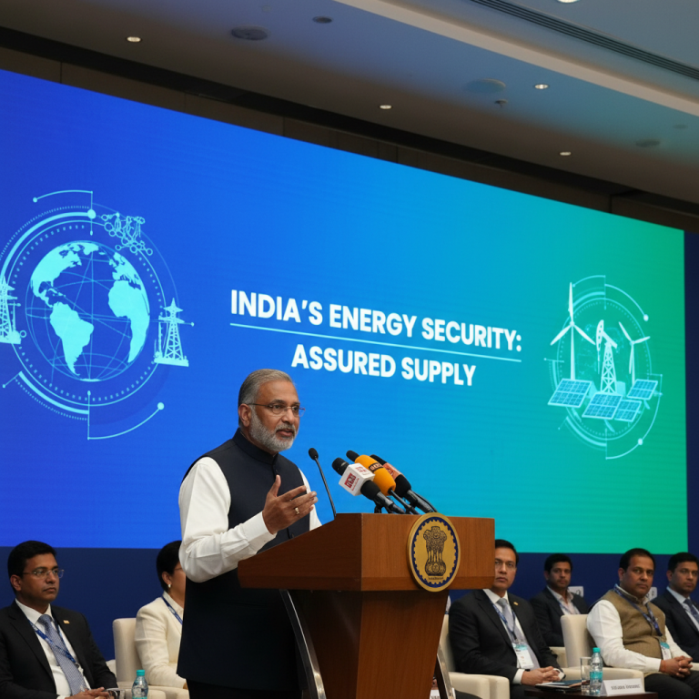 Hardeep Puri speaking at a podium with "INDIA'S ENERGY SECURITY: ASSURED SUPPLY" on a screen behind him.