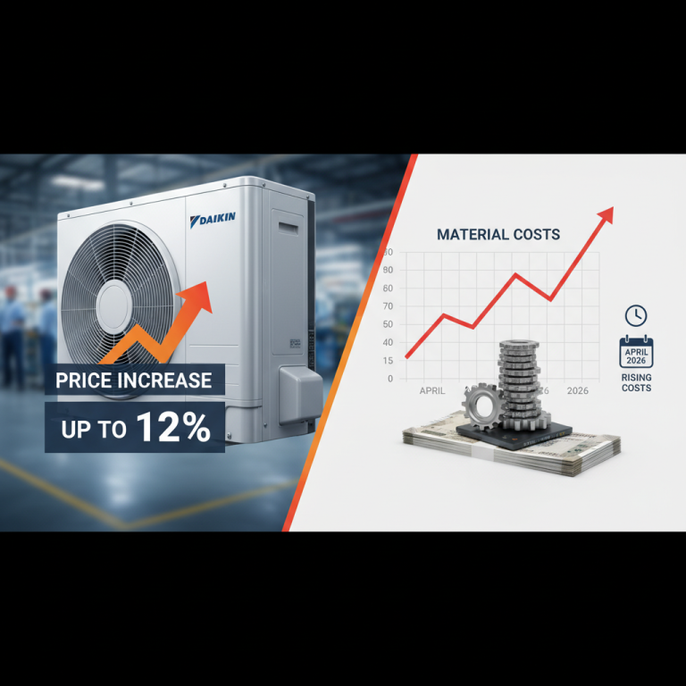 A Daikin AC unit with an upward arrow indicating a 12% price increase, next to a graph showing rising material costs.