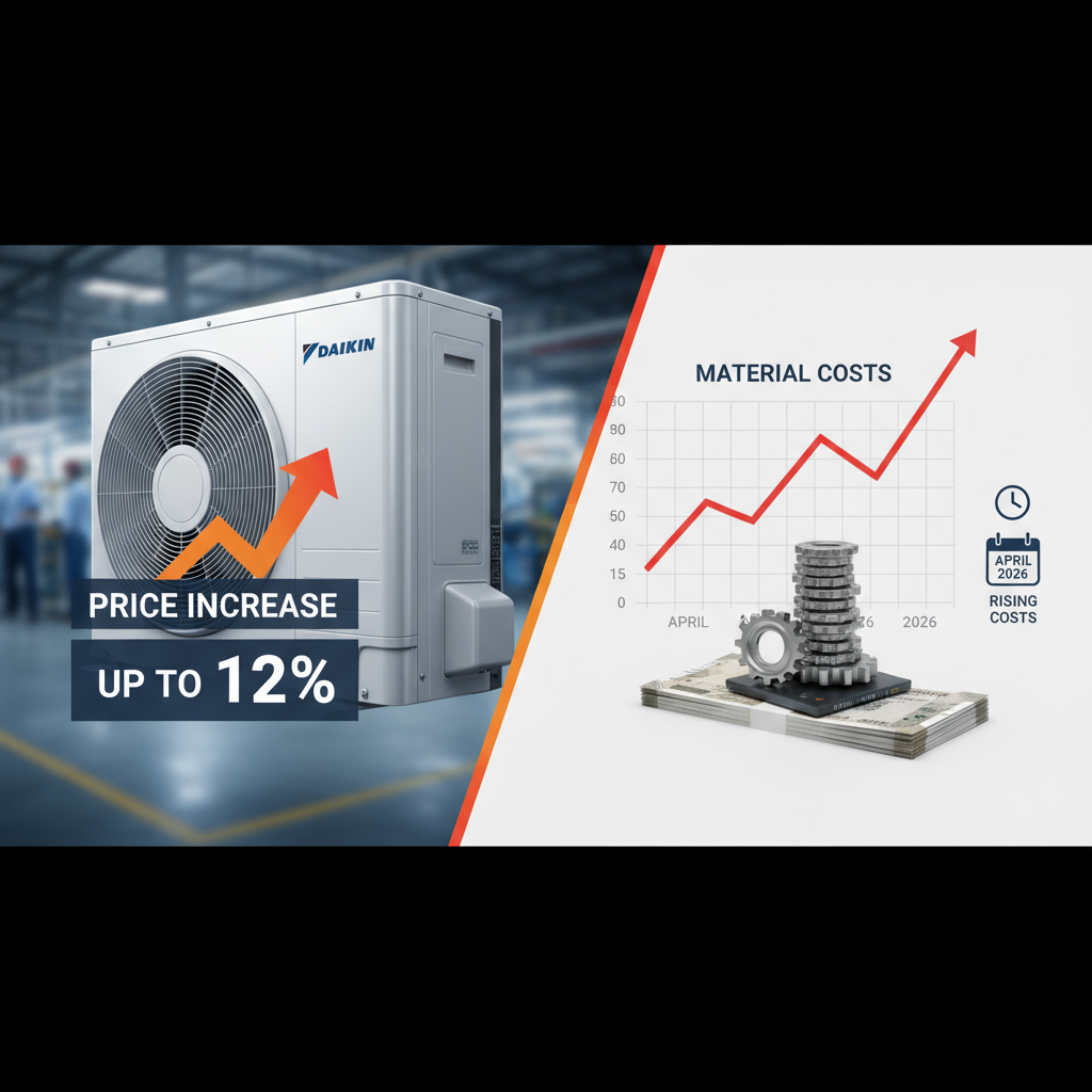 A Daikin AC unit with an upward arrow indicating a 12% price increase, next to a graph showing rising material costs.