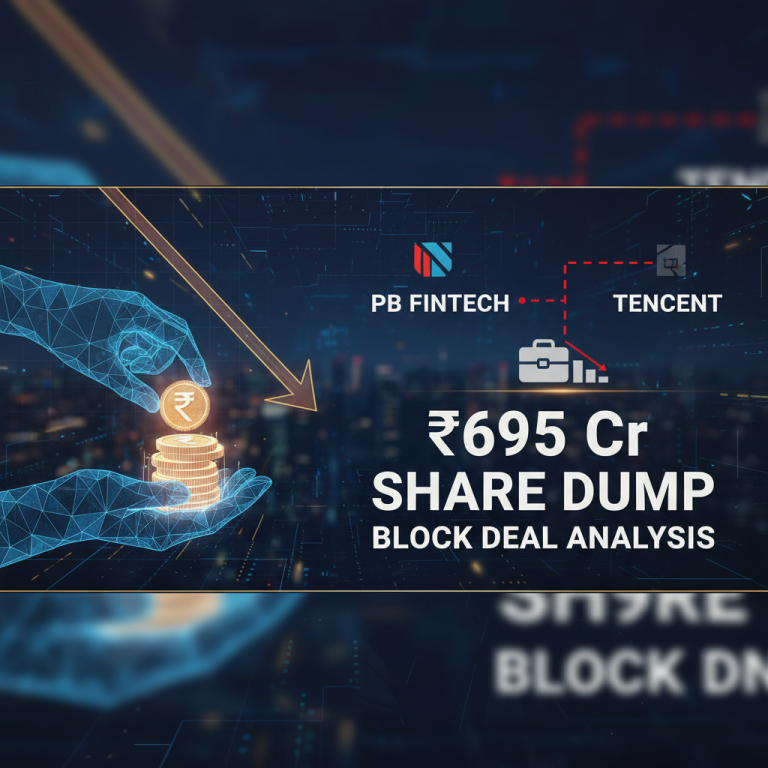 Professional image depicting a downward trend with company logos, financial symbols, and text "₹695 Cr SHARE DUMP BLOCK DEAL ANALYSIS."