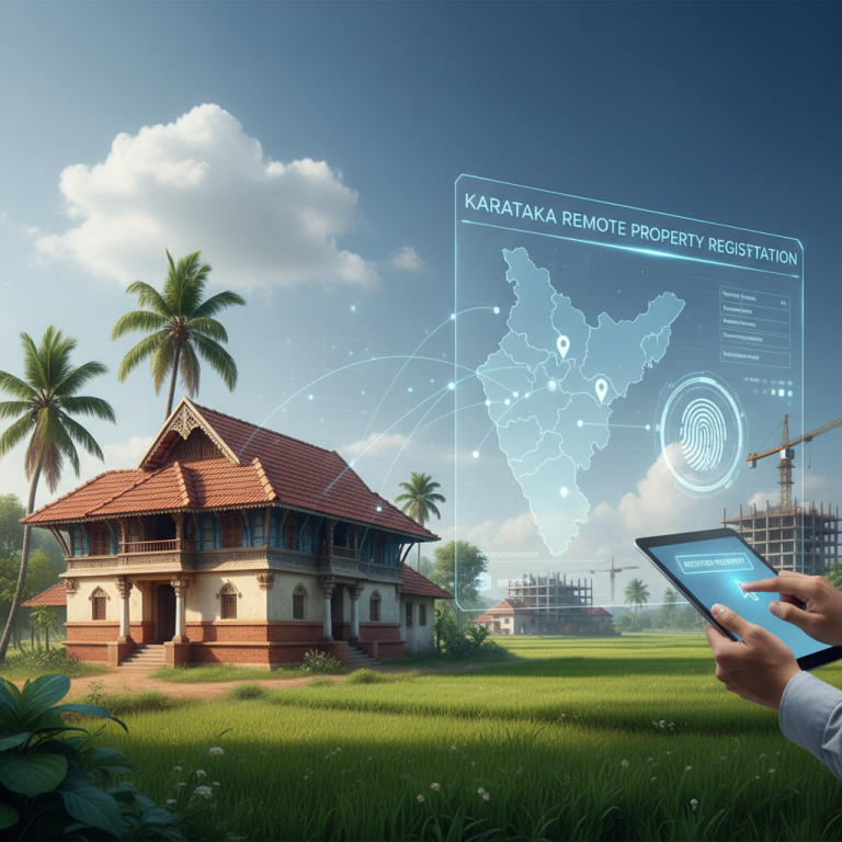Hands interact with a tablet displaying a digital map of India, highlighting Karnataka, with traditional and modern buildings in the background.