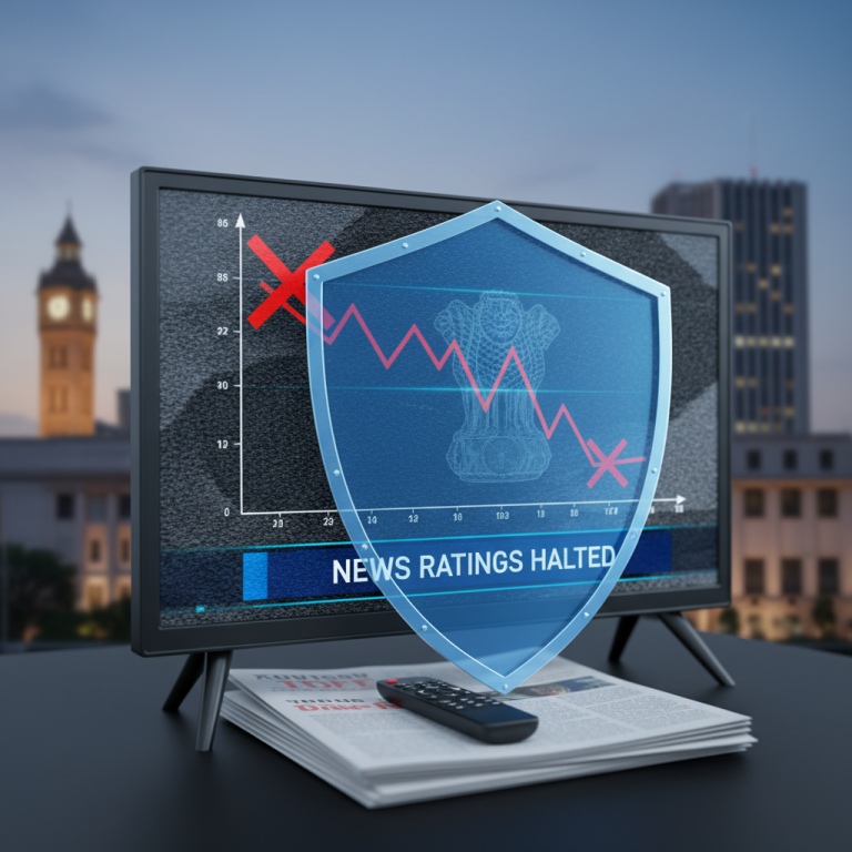 A professional image showing a television displaying a "News Ratings Halted" message, overlaid with a protective shield and governmental emblem, set against a blurred city background.
