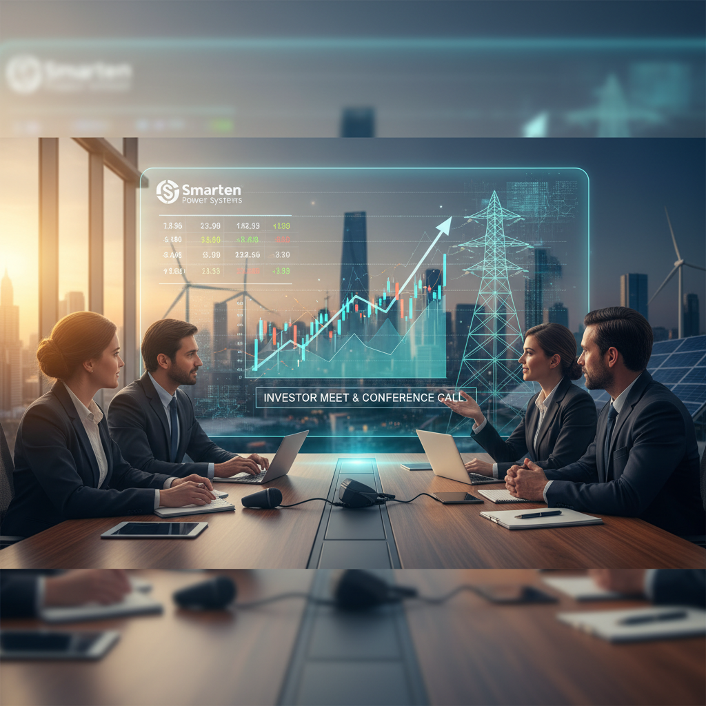 Four professionals in suits at a conference table with a holographic display showing financial charts, power lines, and solar panels.