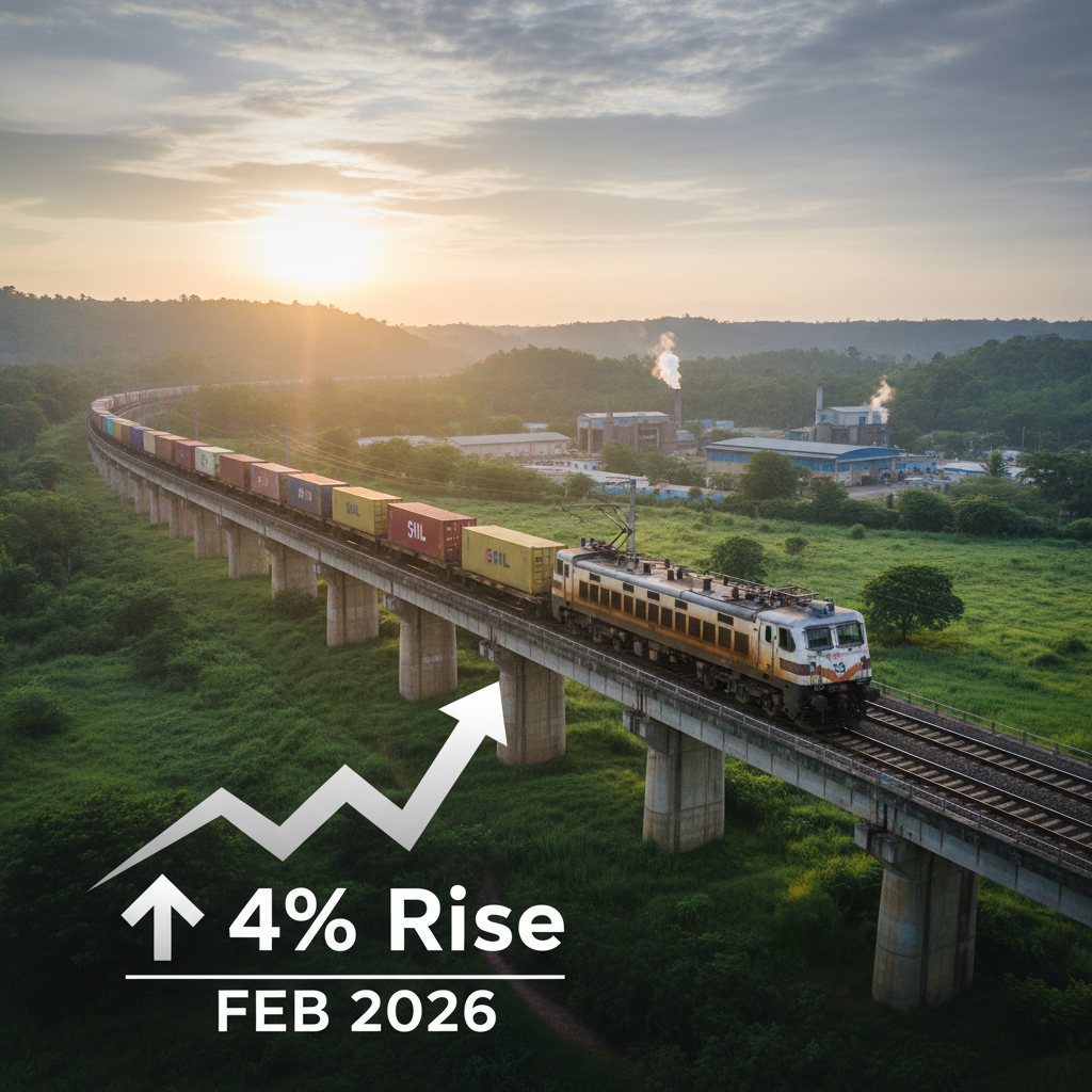 A freight train crosses a bridge at sunrise, with a graphic showing a 4% rise in Feb 2026.