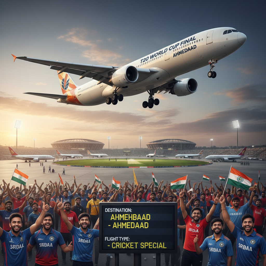 An airplane flying over a crowd of cheering cricket fans with an airport departure board in the foreground.