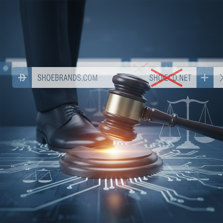 A judge's gavel hitting a sound block on a circuit board, with a blurred person in a suit and browser window behind it.