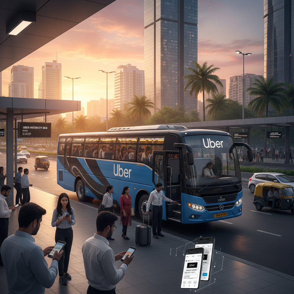 People at a bus stop in a modern Indian city, using the Uber app to board a blue Uber intercity bus.