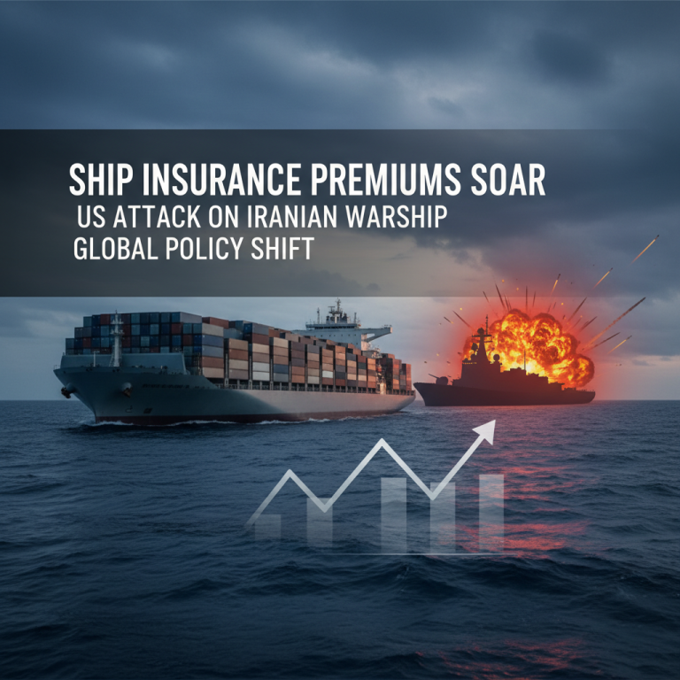A cargo ship sails past an exploding warship, illustrating rising insurance costs and geopolitical tension.