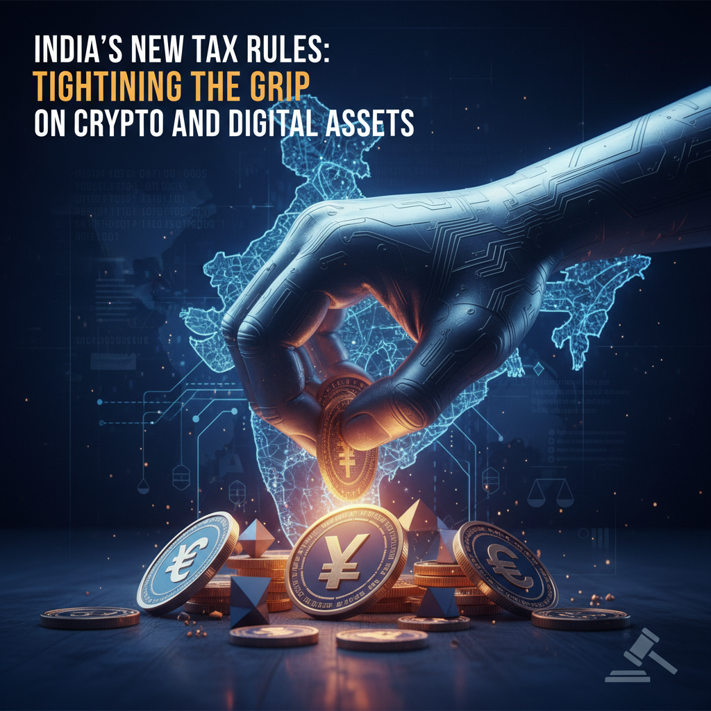 A digital hand placing a crypto coin onto a pile, with a glowing map of India and code in the background.