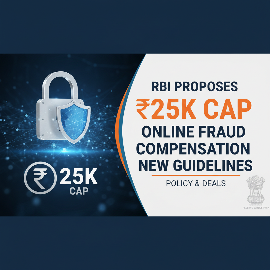 A professional graphic for a news article about the RBI's proposed ₹25K cap on online fraud compensation.