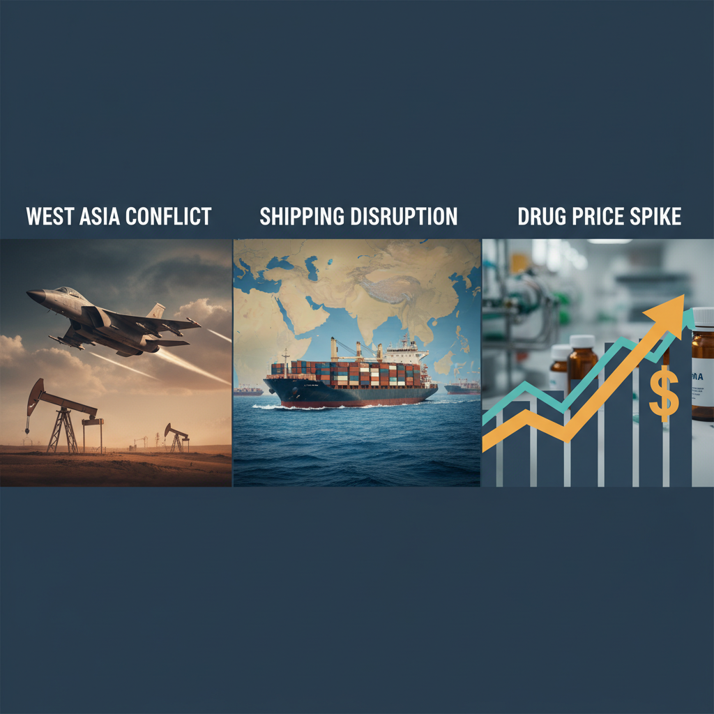 A composite image depicting a fighter jet, a cargo ship on a map, and a chart showing rising drug prices.