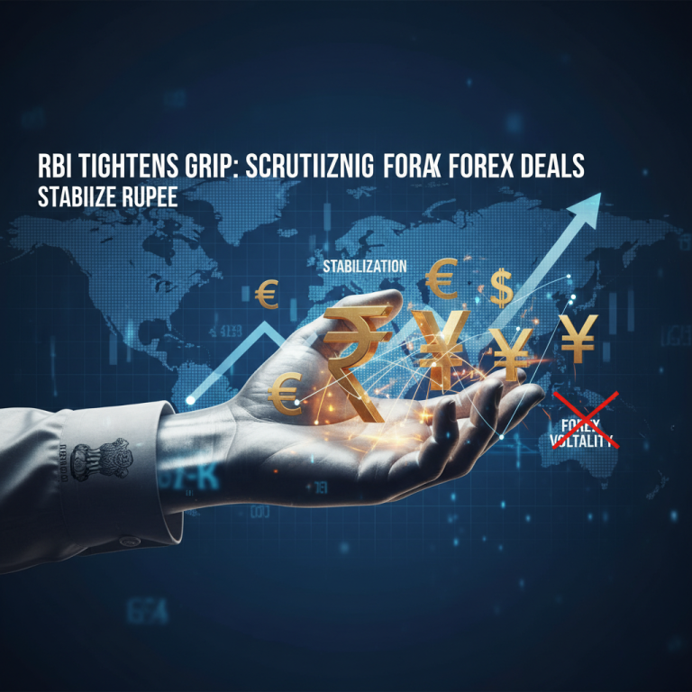 A hand holding various currency symbols (Rupee, Euro, Dollar, Yen) with an upward trending arrow and a world map in the background.