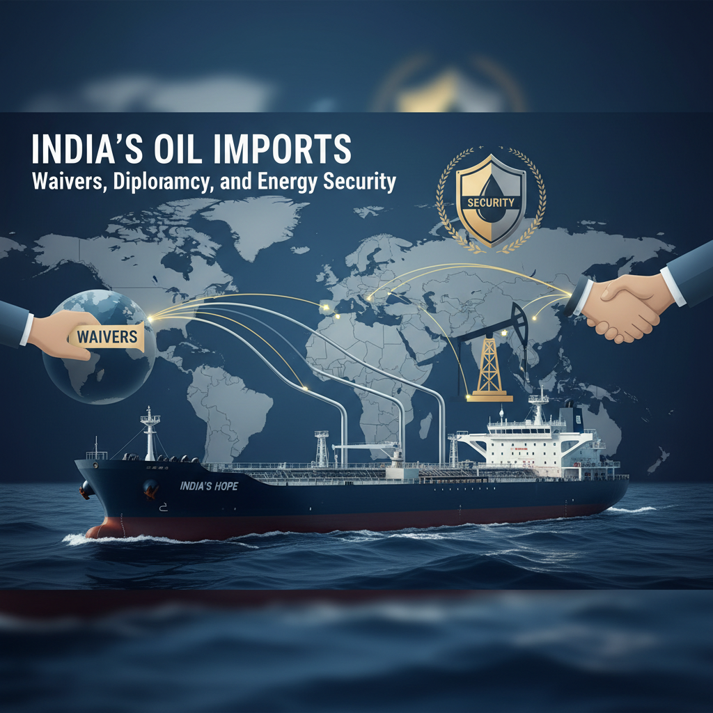 A professional graphic illustrating India's oil imports, with a tanker, world map, handshake, and security shield.