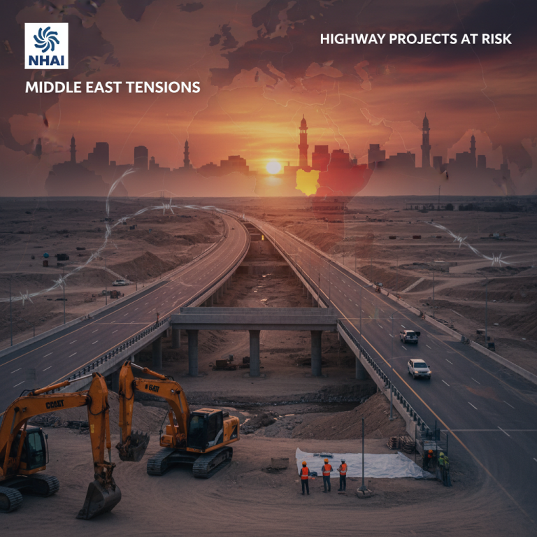 A professional image depicting a desert highway under construction, with a faded map of the Middle East and a cityscape silhouette in the background at sunset.