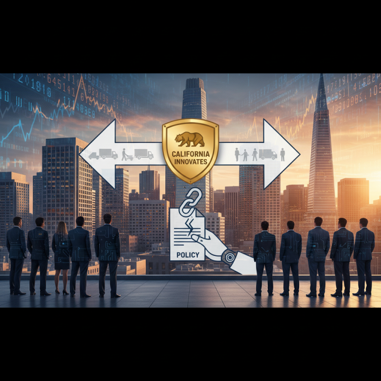 Business professionals overlooking a cityscape with symbolic arrows representing tech exodus and policy challenges.