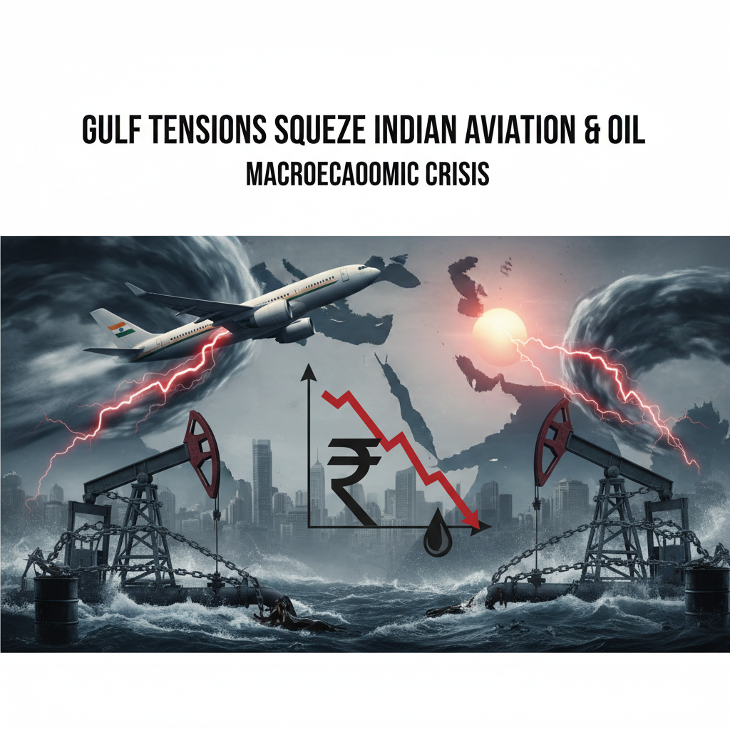 An Indian airplane flying over oil pumps in stormy waters, with a rupee symbol and a downward arrow.