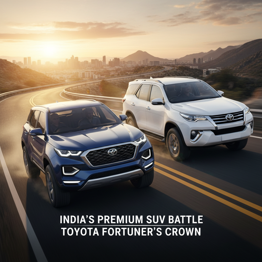 Two premium SUVs, a blue one and a white Toyota Fortuner, driving on a highway with a city skyline at sunset.