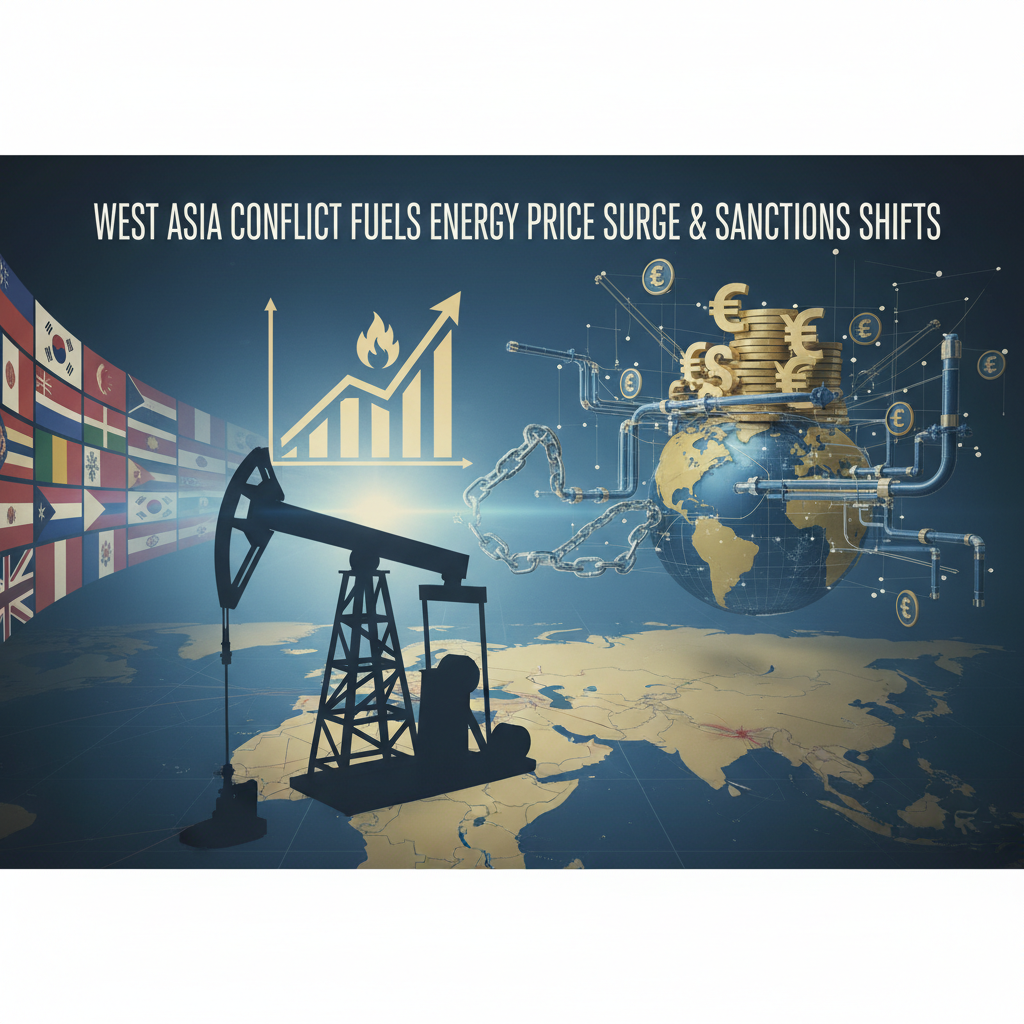 An oil pumpjack with chains connecting it to a globe covered in currency symbols, against a backdrop of West Asian flags.