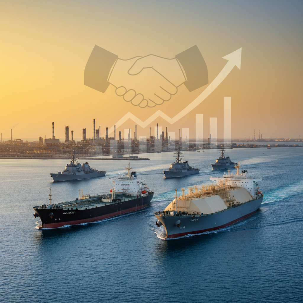 Naval vessels escorting oil and gas tankers near an industrial coastline at sunset, with a handshake and upward trend graphic overlay.