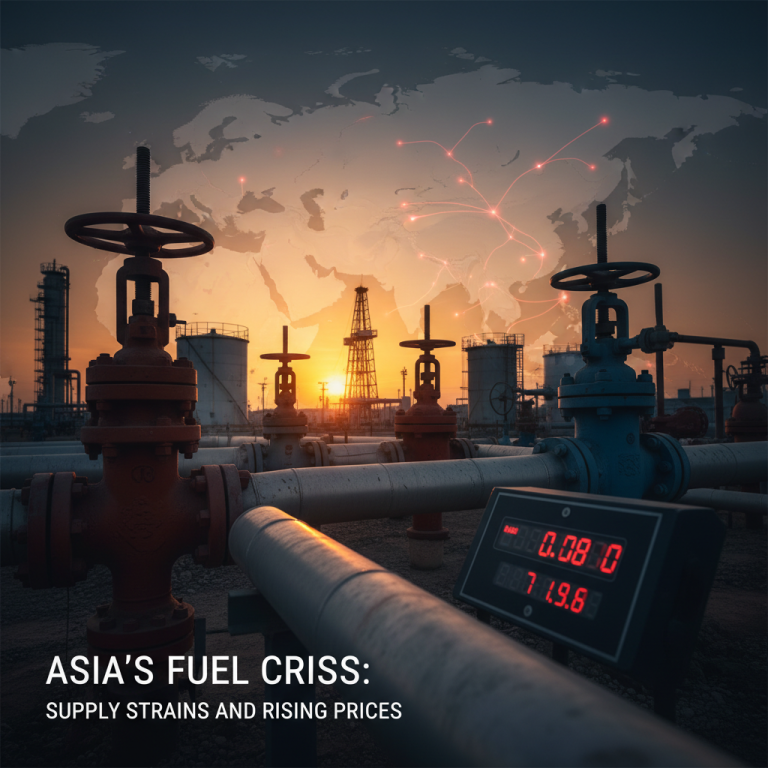 An oil refinery at sunset with a world map and glowing red lines indicating supply routes, overlaid with text.