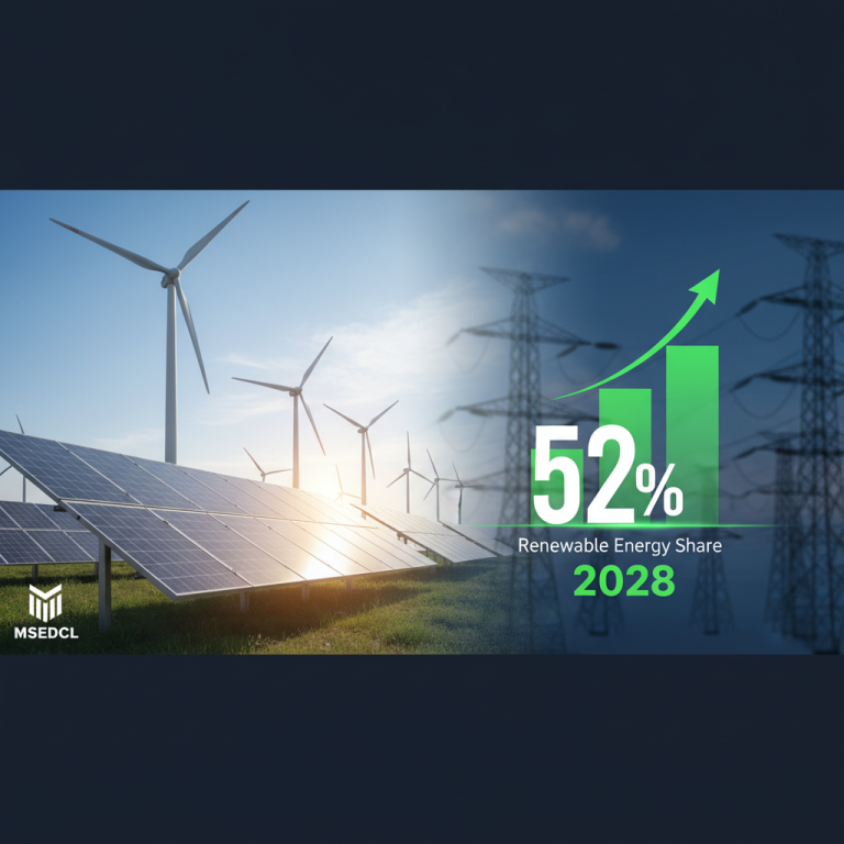 A banner image showing solar panels and wind turbines on the left, power lines on the right, and a 52% renewable energy goal.