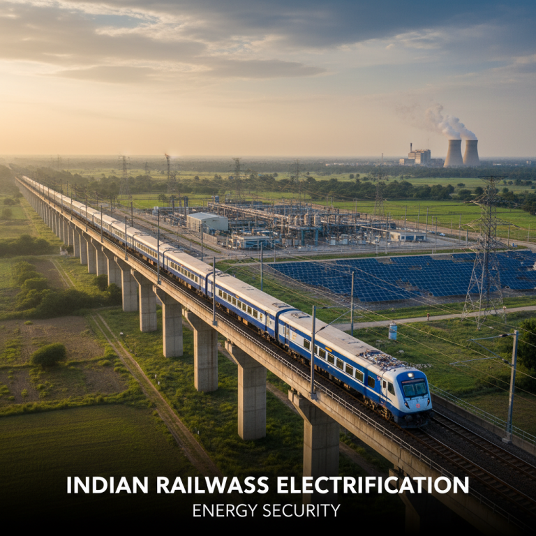 An electric train crosses a bridge, with solar panels, power lines, and a power plant in the background at sunset.