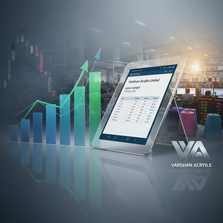 A tablet displaying a Demat report for Vardhman Acrylics, with financial charts and a manufacturing facility in the background.