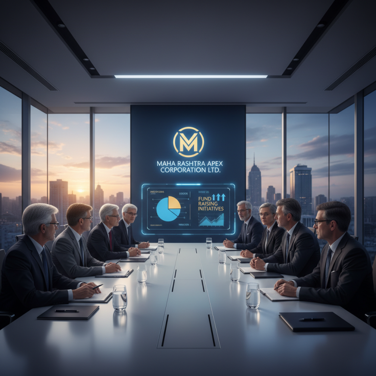 A group of professionals in suits seated around a conference table in a modern boardroom with a city skyline view.