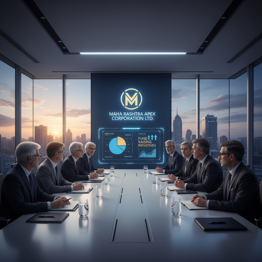 A group of professionals in suits seated around a conference table in a modern boardroom with a city skyline view.