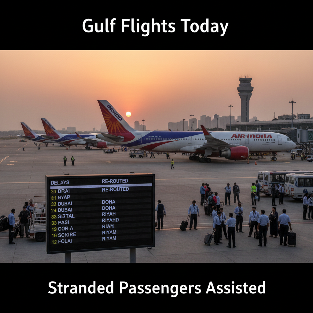 Airplanes from IndiGo and Air India at a busy airport tarmac with a departure board showing delays, and ground staff assisting passengers.