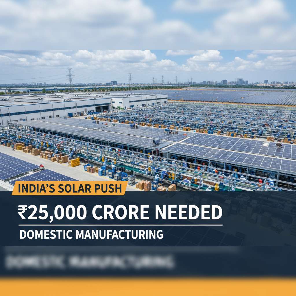 An aerial view of a large solar panel manufacturing facility in India under a partly cloudy sky.