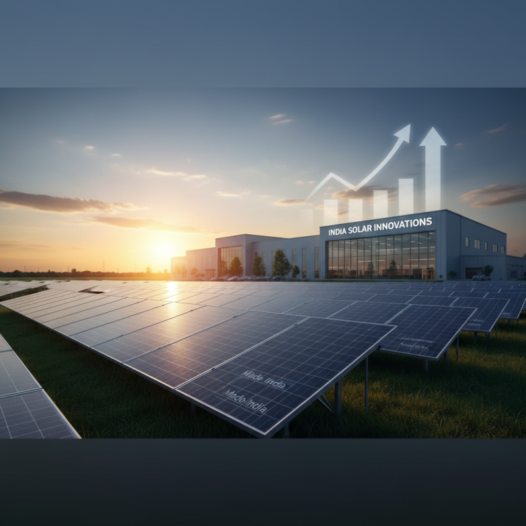 Solar panels in a field at sunset, with a modern factory in the background and an upward-trending growth graph.
