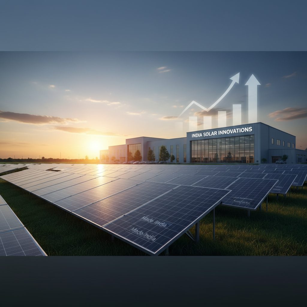 Solar panels in a field at sunset, with a modern factory in the background and an upward-trending growth graph.